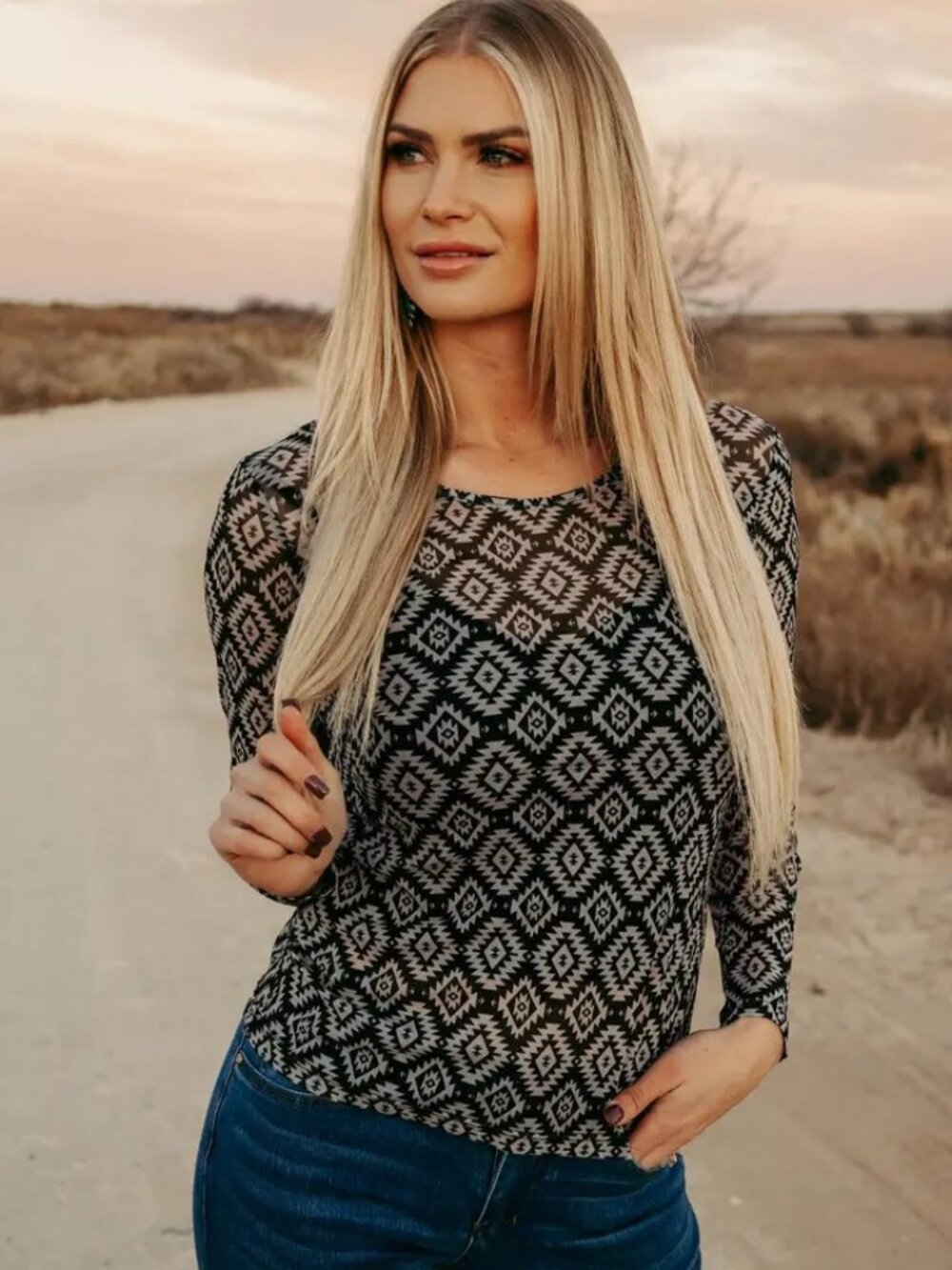 Western Tribal Print Mesh Long Sleeve Top